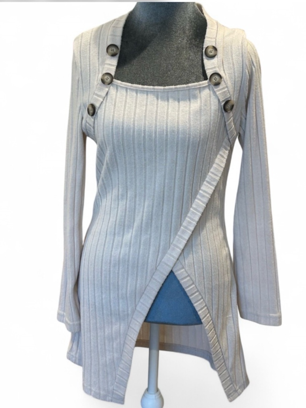 Ribbed Button-Detail Ivory Knit Sweater